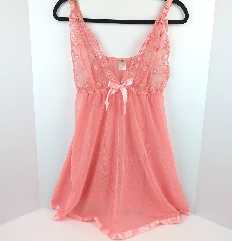 Vintage‎ Coral Pink Mesh Sexy Romantic Lace Sequin Babydoll Chemise 2X